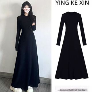 限時下殺+免運🔥 赫本風早春法式氣質收腰內搭打底長裙子 長袖連衣裙 女裝長洋裝連身洋裝 修身