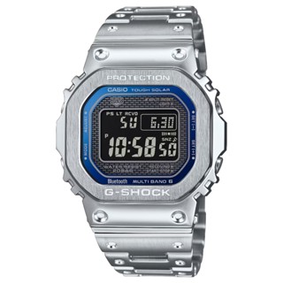 【柏儷鐘錶】CASIO G-Shock 方形電子錶 太陽能 電波校正 藍芽連線 金屬錶帶 銀 GMW-B5000D-2