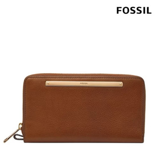 FOSSIL 正品Liza 真皮拉鍊式長夾-咖啡色X金飾片