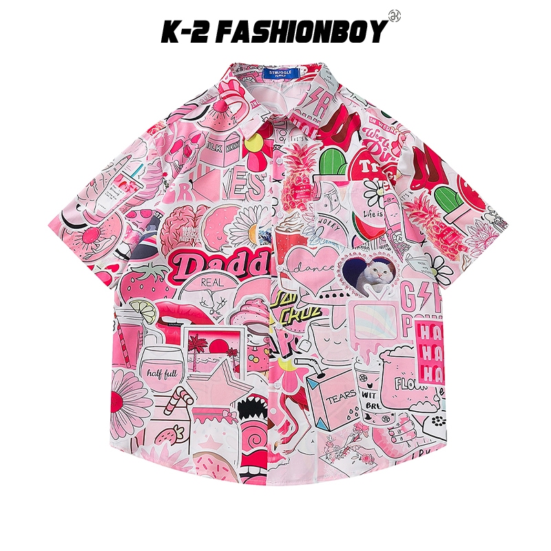 【K-2】粉色世界 粉紅泡泡 花 高跟鞋 草莓 牛奶 滿版襯衫 短袖襯衫 口袋 穿搭 個性 小眾 K2【J2577】