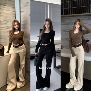 【KIKIFAME】🧋chic.韓系質感U領長袖T恤 垂感休閒長褲 休閒套裝 長袖上衣 休閒褲 直筒褲 西裝褲 高腰褲