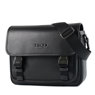 COACH 男款 光滑牛皮雙釦翻蓋郵差包-黑色 【美國正品現貨】