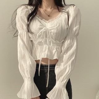 FUXI 韓版方領襯衫女 長袖蕾絲襯衫 甜美荷葉邊上衣 短板上衣 收腰顯瘦上衣 襯衣 女裝 衣服