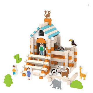 臺灣現貨107pcs+擺件人偶15pcs木製-智慧榫卯建築積木小屋《木質積木》 魯班榫卯積木玩具小小建築師益智拼裝