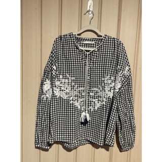 ZARA trafaluc collectiin 黑白格子棉質 蕾絲刺繡 長袖上衣【F】 二手‼️