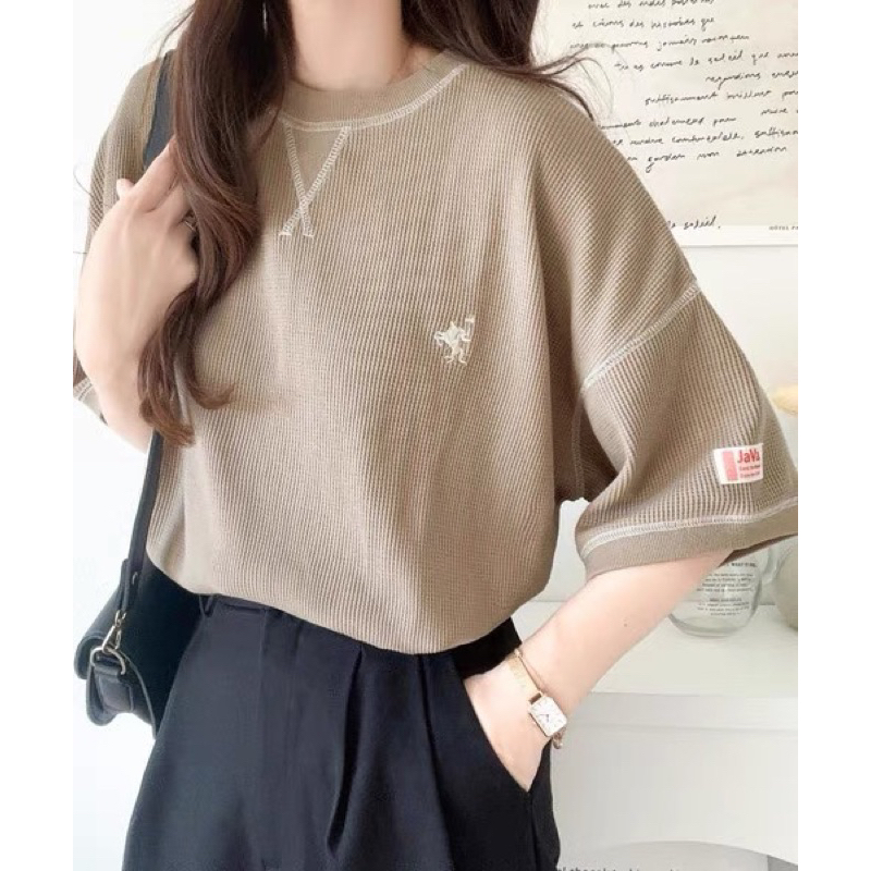 🇯🇵日系 classical elf Java 寬鬆華夫格刺繡五分袖上衣