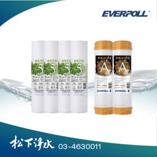 10吋 EVERPOLL 5微米PP濾心*4+道爾樹脂濾心*2 一年份優惠組 EVB-F105 EVB-M100A