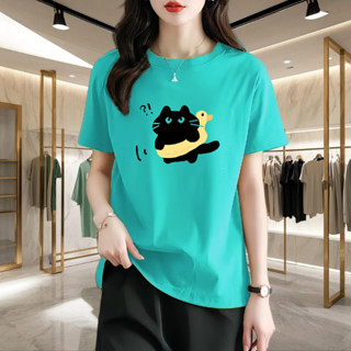 【現貨】臺灣出貨S-3XL貓咪印花韓版寬鬆T恤ins風簡約百搭遮肚腩蘋果型身材200斤上衣夏季彈力寬版短袖 A021
