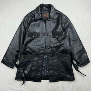 古著 GV Handmade 老品 稀有義大利製 VERSACE 凡賽斯 豹紋 拼接 合成皮 長版皮衣 腰帶 女裝/中性