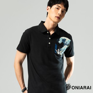 BLUE WAY 鬼洗 ONIARAI - 男款 和藝術衝浪裡短袖POLO衫(黑)