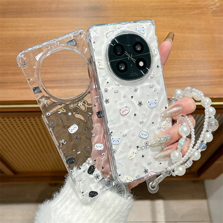 透明水波紋 小貓咪 OPPO FIND N5 FOLD 摺疊手機殼 硬殼 手鏈掛繩短 防摔殼 保護殼 兩段式 贈夾片