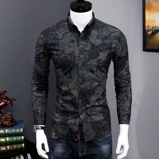 🔥【新品上新】秋季輕奢花襯衫男長袖韓版潮流帥氣時尚個性青年印花復古襯衫舒適滌綸襯衫修身襯衫花色合身襯衫