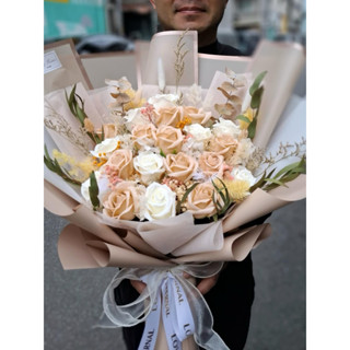 超大花束/法式優雅21朵奶茶玫瑰/💐可客制多種配色 乾燥花束 永生花束 畢業花束 情人節 告白 求婚
