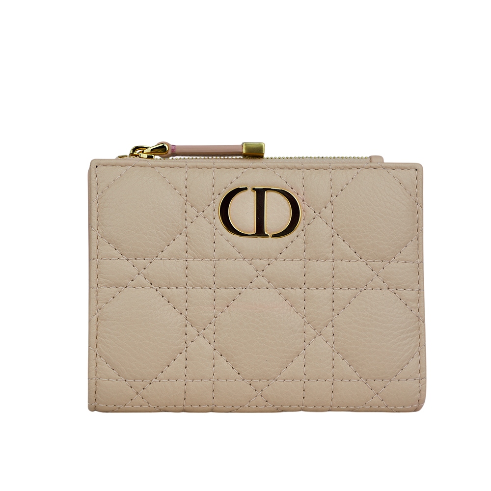 DIOR Caro Dahlia 小牛皮籐格紋內拼色釦式二折短夾(粉色) S5226UBWX_M03I