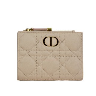 DIOR Caro Dahlia 小牛皮籐格紋內拼色釦式二折短夾(粉色) S5226UBWX M03I