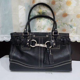 〔二手全新商品〕正品Coach 荔枝紋黑色真皮皮革編織 Hamptons 流蘇肩揹包/手提包