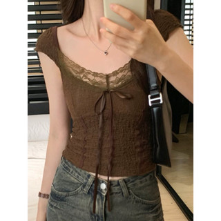 【Ni PHIL】 R28現貨-美拉德復古蕾絲蝴蝶結綁帶合身短袖上衣