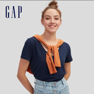 Gap女裝 簡約素色V領短袖T恤-海軍藍(740140)/logo圓領無袖洋裝 空氣三明治系列-海軍藍(712708)