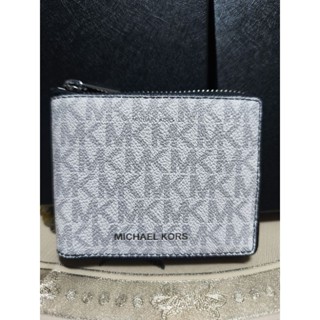 MICHAEL KORS MK滿版拉鍊短夾 老花 白色 中性短夾