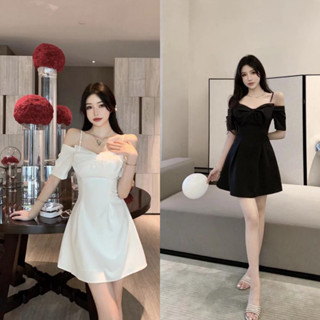 韓版名媛氣質性感蝴蝶結一字肩吊帶連衣裙 連身裙 洋裝 裙裝 禮服 A字裙 吊帶裙 女裝 衣服 女生裙子 裙