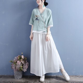 夏季新中式棉漢服套裝 棉麻飛鳥刺繡v領斜珠扣中袖上衣 文藝範斜襟盤扣寬鬆大碼顯瘦 雙層飄逸半身裙兩件套裝