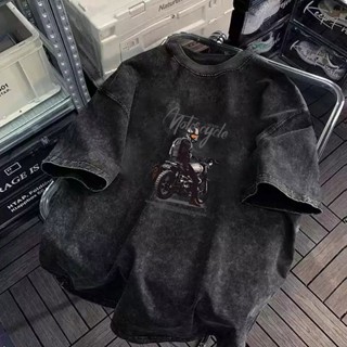 【衣衣男社】100%純棉 水洗黑潮流 短袖 夏季街頭ins 印花 寬鬆 設計感 潮流 圓領 嘻哈 上衣 復古 潮牌t恤