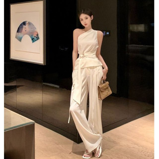 韓版時尚御姐範套裝女 綁帶收腰斜肩無袖上衣 露肩上衣 斜肩上衣 闊腿褲 寬褲 長褲 女裝套裝 夏裝套裝 女裝 衣服