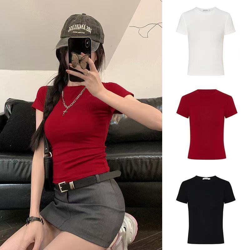 現貨 合身圓領彈性短袖Tee(6 colors)辣妹 修身 正肩 短袖T恤 短版上衣 素面短T 女生上衣 紅色T恤 女裝