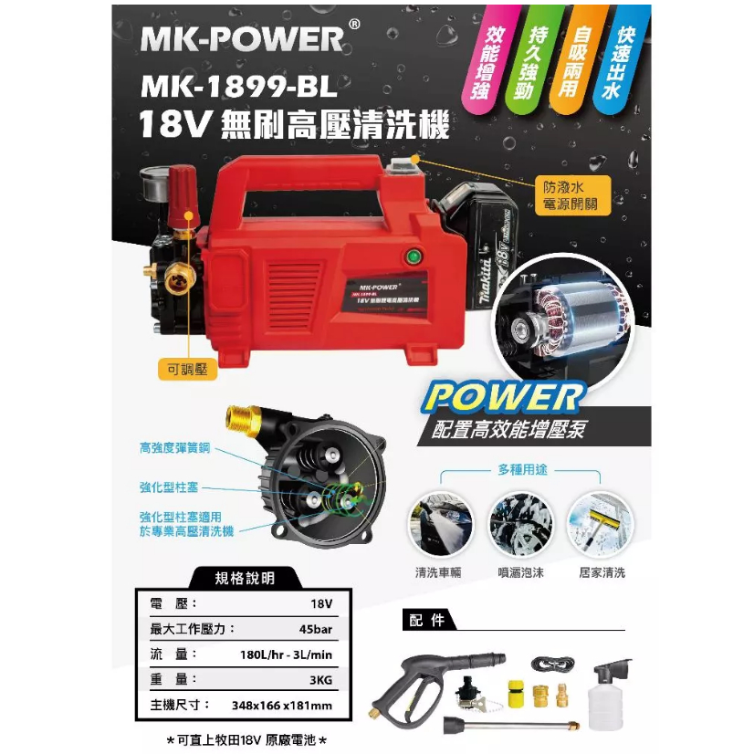 【合眾五金】『含稅』MK-1899BL 18V無刷高壓清洗機 保固半年洗車機 噴霧機 輕巧方便 大出力 MK-POWER