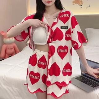 【臺灣出貨】純棉睡衣 自帶胸墊睡衣 開衫睡衣 夏季睡衣少女睡衣 涼感睡衣 睡衣女 睡衣套裝 兩件式睡衣 傢居服兩件套