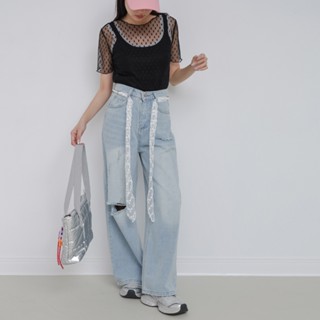 IN SHOP 珍珠蕾絲腰帶牛仔褲-共1色【KT201690】