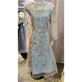 新貨到 媽媽小姐新娘禮服 尺碼XL 綠藍色 宮廷風重工刺繡網紗禮服洋裝 圓領後半透 名媛高貴優雅氣質女裝