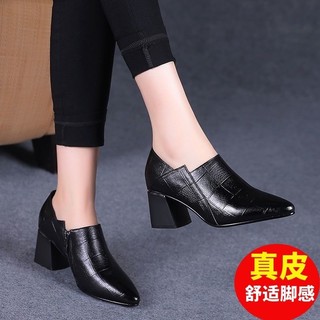 新款春秋季深口單鞋女 粗跟鞋 軟皮中跟女鞋 尖頭高跟鞋 高幫棉鞋 工作鞋 媽媽鞋 休閒鞋