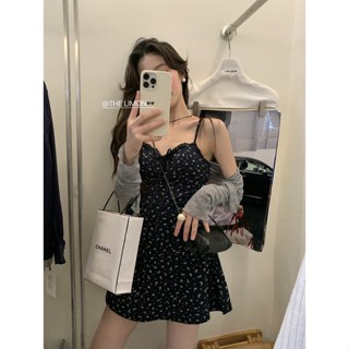【太妮絲LE185】 現貨 套裝組 法式 碎花吊帶胸墊連衣裙＋高腰百搭短款小外套 套裝 碎花洋裝 檸檬家 胸墊洋裝 夏天