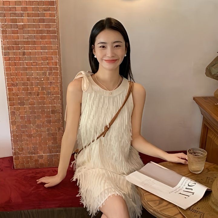 FUXI 洋裝女 無袖洋裝 連身裙 雪紡裙 a字短裙 寬鬆顯瘦氣質短裙 掛脖流蘇女生裙子 女裝 衣服