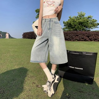 美式高腰七分褲 寬鬆 闊腿 七分牛仔褲女 水洗寬鬆直筒褲夏季 女生牛仔褲 寬鬆短褲 七分褲 牛仔短褲 大尺碼牛仔褲