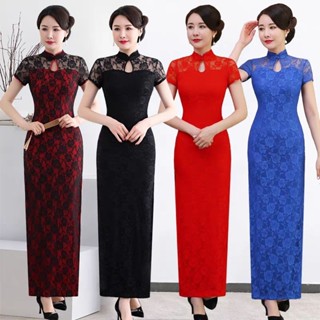 天使佳人婚紗禮服旗袍裙~~蕾絲長款高開叉旗袍多色可選臺灣出貨