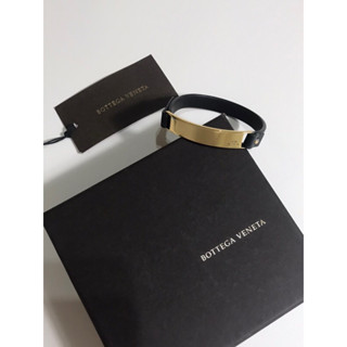 BV BOTTEGA VENETA 簡約AG925金+黑色真皮手環 男仕單圈