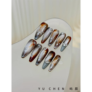【限時特惠】💅純手工製作穿戴甲 冰咖啡銀花 美拉德手繪花花穿帶甲貼片 美甲貼片 穿戴甲成品 美甲貼 指甲貼片 美甲貼