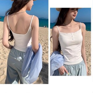 純欲風鈕扣小背心 細肩帶背心 小可愛 蕾絲拼接 一體式 固定罩杯 美背小可愛 外穿小可愛 臺灣賣家 臺灣出貨