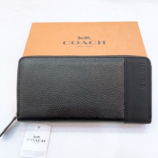 [小鄉衣櫃]過季展示品-74636-COACH素色皮革拼接麂皮拉鍊長夾-黑【美國outlet正品】
