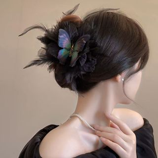 ✨趙露思同款✨幻藍色蝴蝶羽毛抓夾 女生髮飾 高階感2025新款 鯊魚夾 羽毛抓夾 頭飾 夾子 盤髮夾 盤髮器 抓夾 熱銷