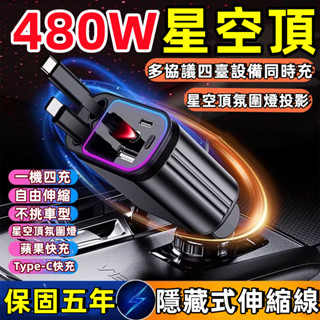 【⚡限時下殺】480W氛圍燈車充 車用充電器 數顯車充 伸縮車充 USB車充 點煙器擴充 小米車充 車充快充 自帶線車充