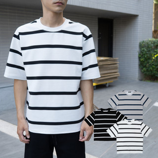 【CHL】休閒寬條紋落肩短Tee 情侶款 短袖 Oversized 亮眼系 條紋T 立體織紋材質 挺感 #51792