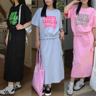 櫥窗girl👱🏻‍♀️高質感韓系時尚拼色英文空氣棉二件式長裙套裝