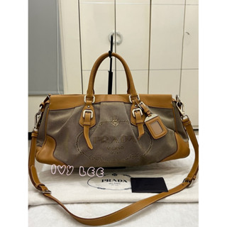 Prada 棕色帆布 皮革 提花徽標 斜揹包 肩揹包 正品 二手精品