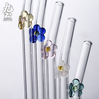 九土小清新玻璃吸管耐高溫彎頭花朵吸管水杯食器配件喝水牛奶果汁冷飲料奶茶紅茶冰咖啡吸管造型套組五支裝吸管推薦QTR0099
