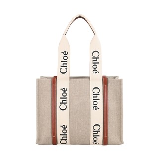 Chloé Woody經典印花LOGO條紋亞麻帆布搭牛皮開口式手提肩背托特包(中/白x棕)