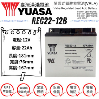 YUASA REC22-12B 12V 22Ah 循環電池 台灣製 通用NP22-12 APC UPS 太陽能 備援