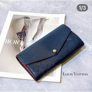 二手旗艦 LOUIS VUITTON LV 海軍藍 皮革壓紋 滾紅邊 16卡 零錢袋 信封釦式 長夾 皮夾 (中友店)